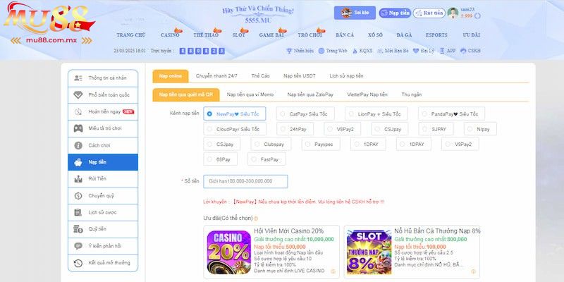 Đăng nhập nhà cái để nạp tiền Mu88